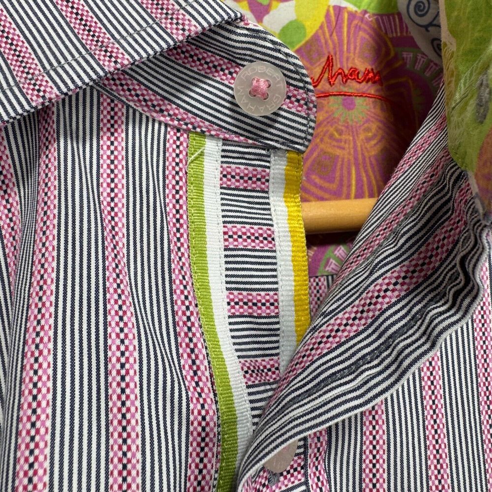 Robert Graham Flip Cuff Button Shirt Men Medium Gray Pink Striped Cotton Floral - Picture 6 of 11